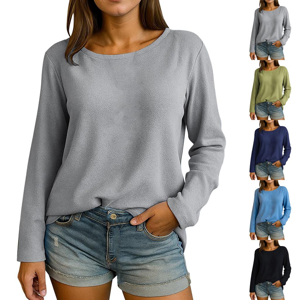 Women's Solid Color Casual Top Round Neck Long Sleeved Loose Pullover Top