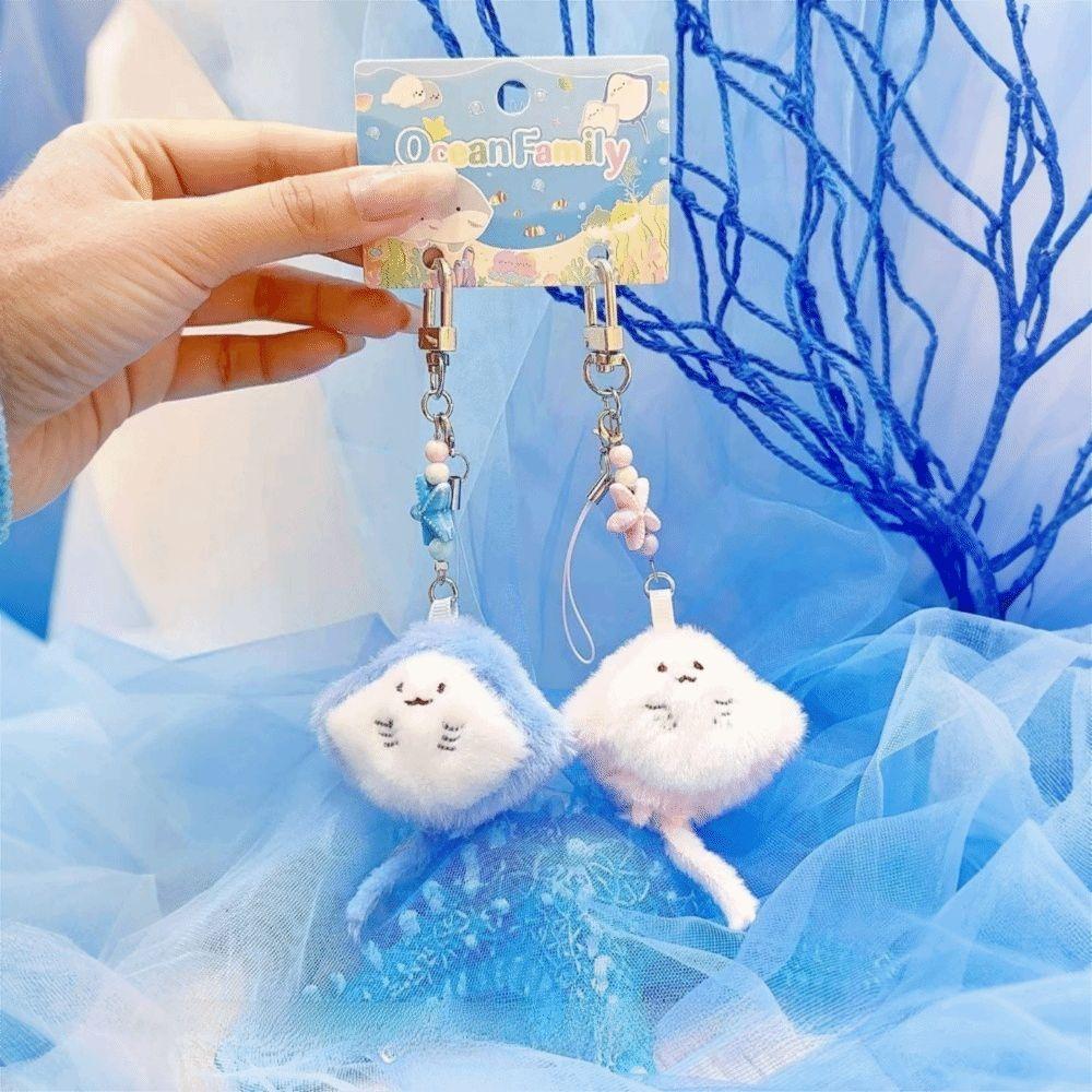 2Pcs Adorable Soft Plush Keychain Small Size Cartoon Ocean Theme Keychain Fluffy Kawaii Keyring Bag Decoration