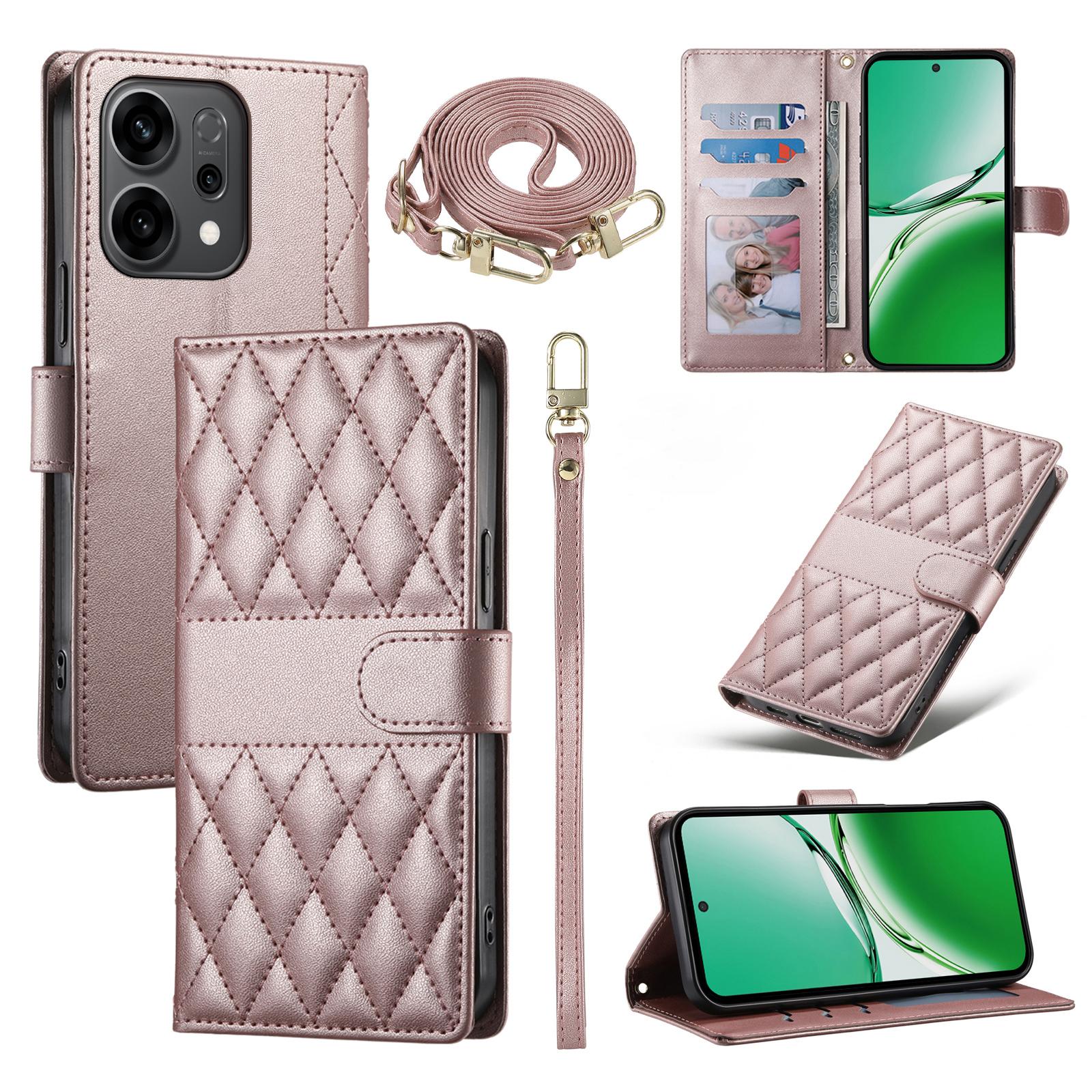 

For Oppo Reno14 F 5G Case Rhombus Stitching Wallet Stand Leather Phone Cover with Long/Short Strap Rose Gold