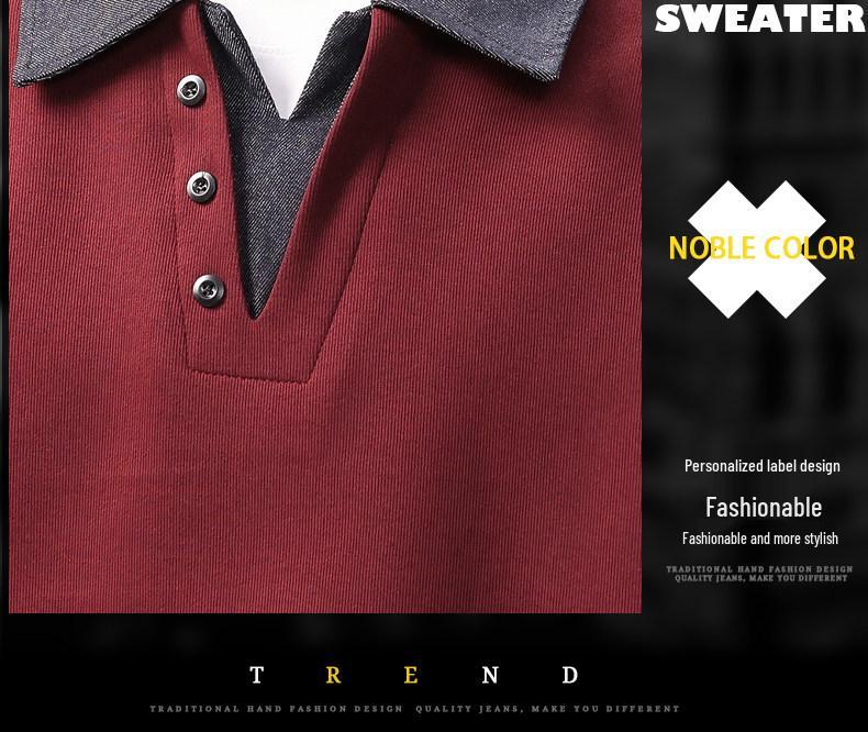 Men's Retro Heavyweight Denim Polo Hoodie with Color Block Patchwork and Plus Velvet for Autumn