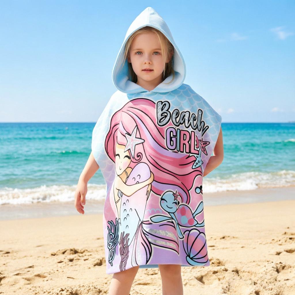 Ultra-Fine Fiber Cartoon Print Kids' Hooded Bath Towel Poncho