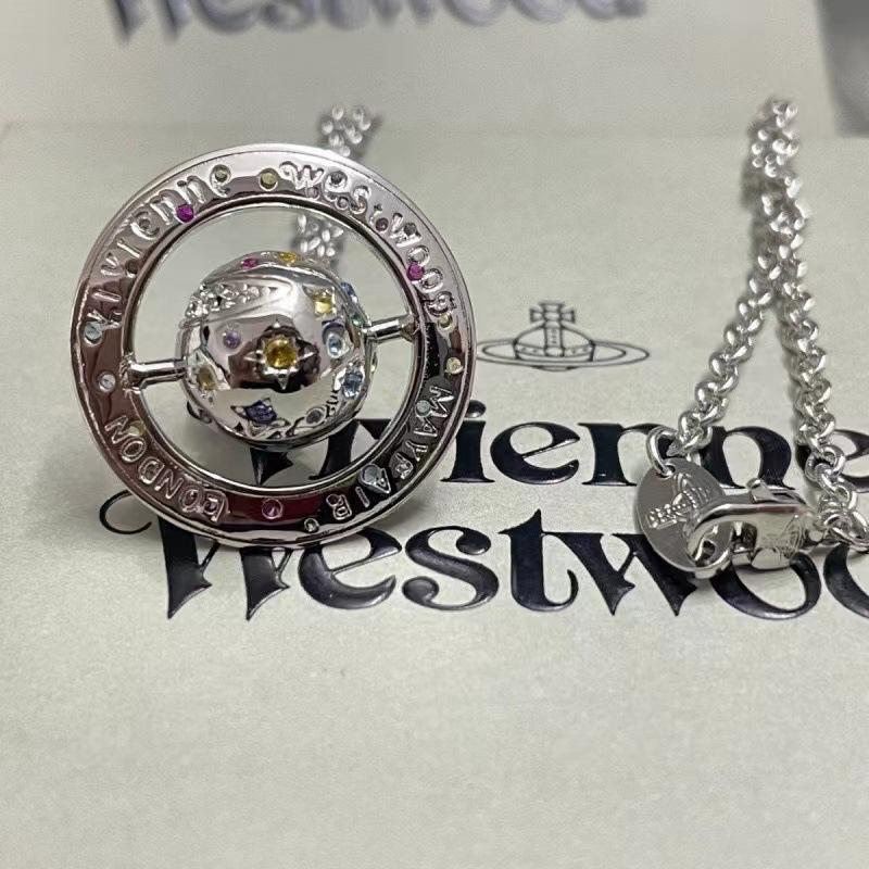 Vivienne Westwood Limited Star Moon Myth Orb Necklace, Colorful Crystal UFO 3D Saturn Pendant Sweater Chain for Women