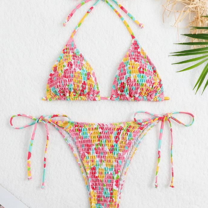 Floral Triangle Cup Three-Piece Swimsuit - Sexy Tie-Up Bikini Set In Stock