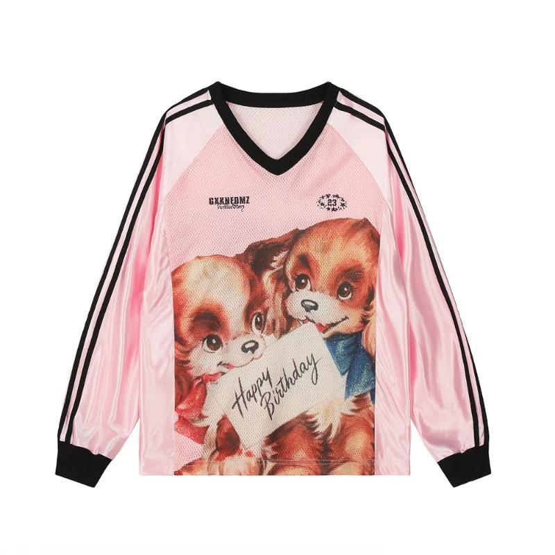 

Весна Осень Длинный рукав Спортивная сетчатая футболка Мужская хип-хоп Y2k уличная одежда Повседневная свободная размер Полосатый мультфильм щенок принтованные топы футболки S розовый