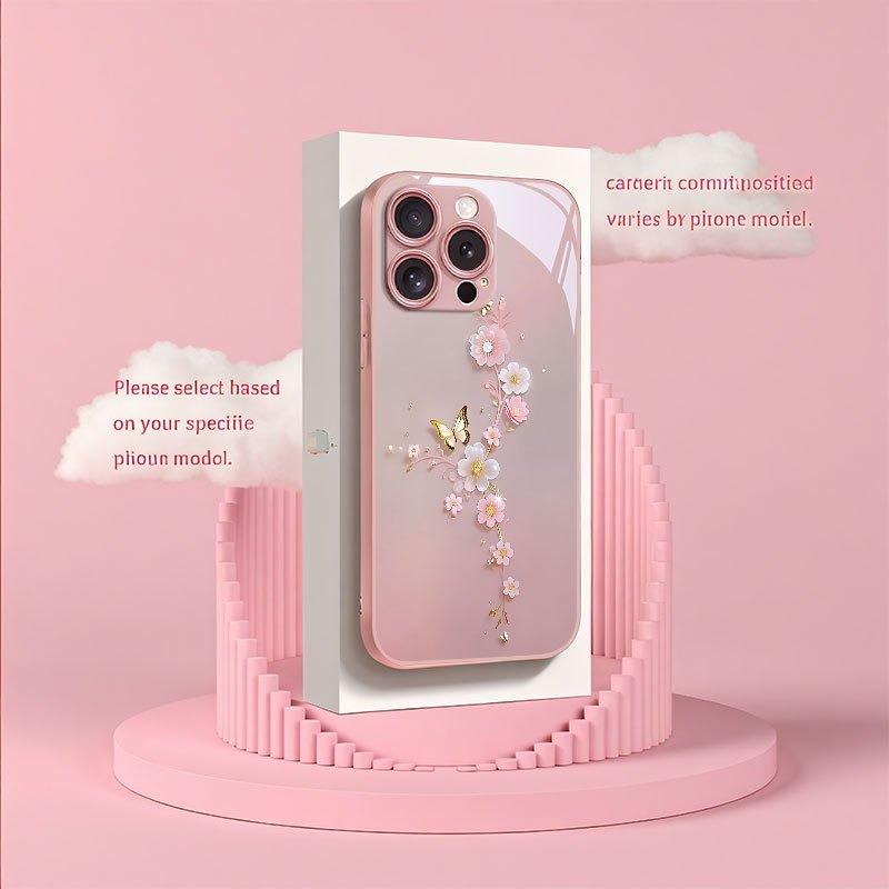 Luxusní kovové tvrzené sklo na telefon s motivem motýla a květin Pro iPhone 11 12 13 14 15 16 17 Pro Max 15 14 Plus 17 Air 17E Kryt
