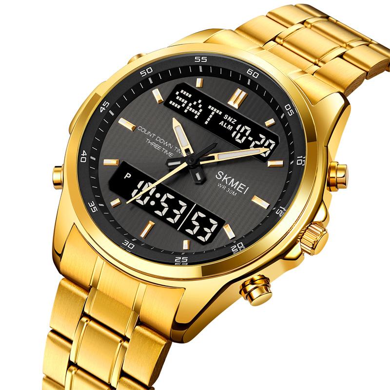 Skmei Mens Quartz Analog Bracelet Watches Luxury Stainless Steel Strap Led Waterproof Digital Sports Three Time Zone Alarm Clock