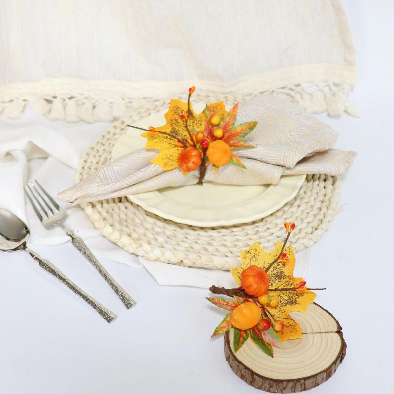 Double Pumpkin And Maple Leaf Napkin Rings Set Fall Thanksgiving Table Decor With Artificial Wreath For Halloween Dinner Party