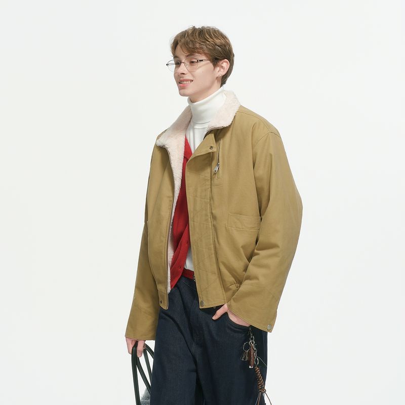 

Dream Made American Retro Cotton Jacket for Men, Winter Fleece-Lined Thick Cotton Coat, Boxy Workwear Flight Jacket Khaki X L