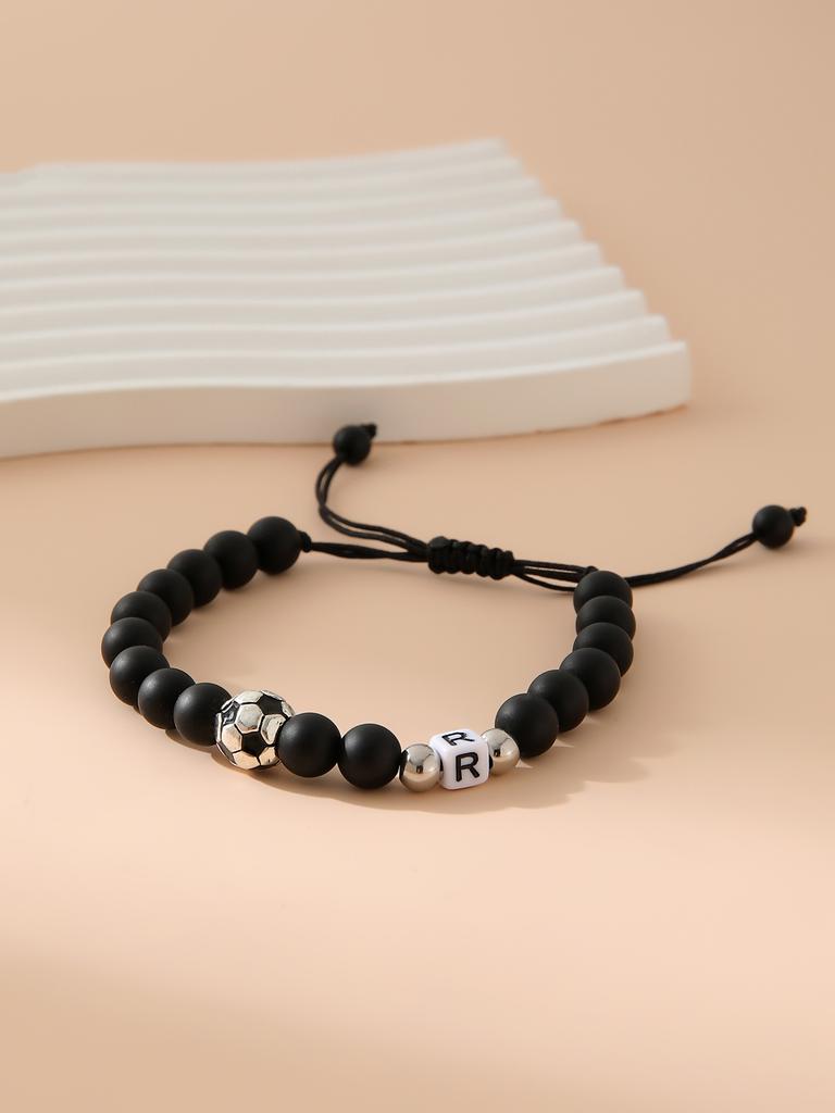 Mattschwarzes Fußball-Alphabet Verstellbares Perlenarmband Unisex Sport-Armband Schmuck