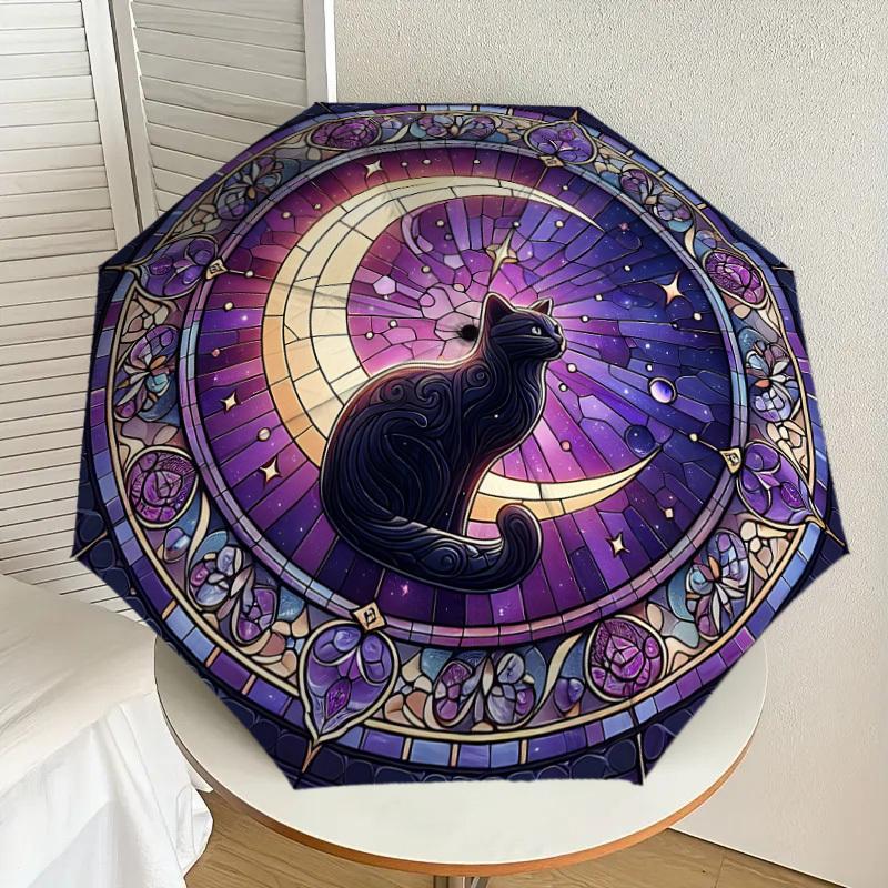 1PC stained glass window moon cat Umbrella-8-Rib Reinforced, Automatic Open, Lightweight & Durable, Cute Fashion Accessory for Outdoor-W9235
