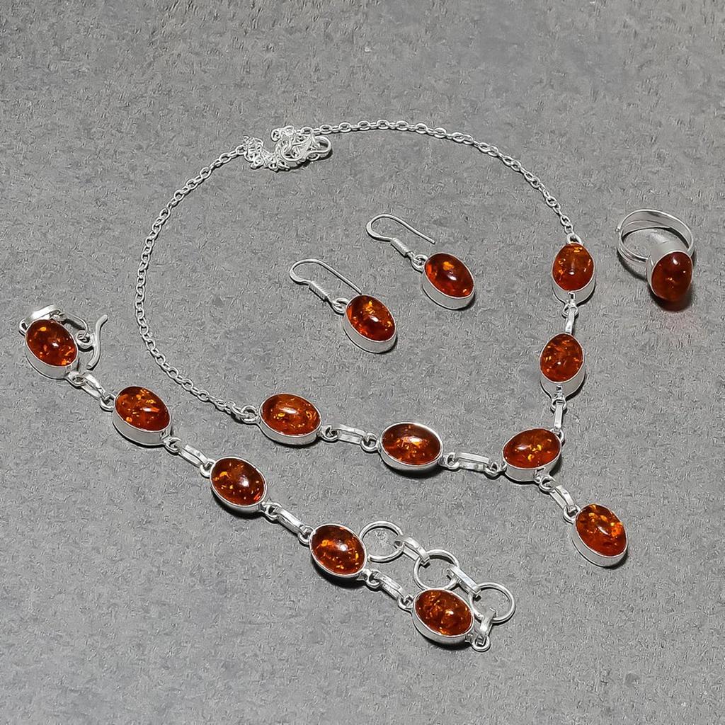 Baltic Amber Oval Shape Gemstone Jewelry Set Gift Necklace Bracelet Ring Earring