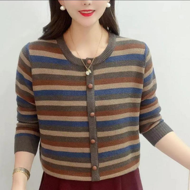 Large size fat M stripes contrasting color knitted sweater pullover autumn and winter loose and thin sweater top women