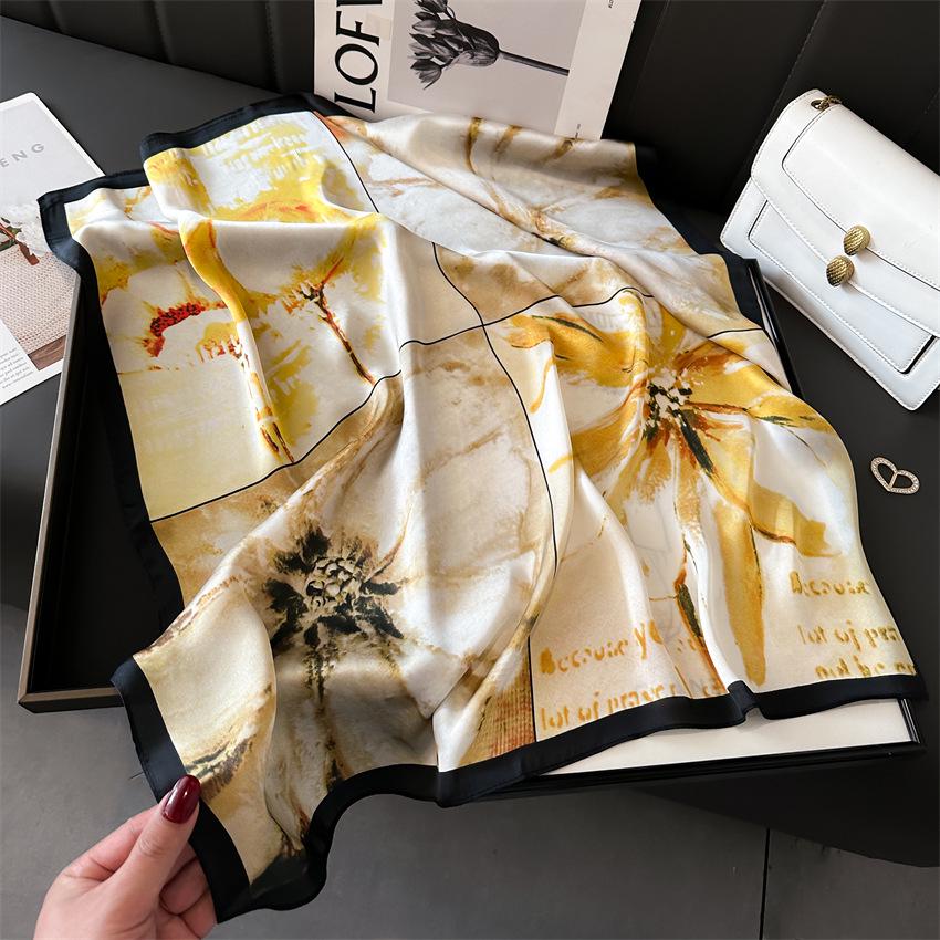 Elegant Ginkgo Leaf Print Silk Square Scarf – Versatile Headscarf for Spring and Summer
