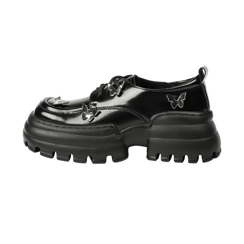 Loafers for Women New British Style Casual Round Toe Lace-up Butterfly Metal Buckle Platform Thick-soled Small Leather Shoes