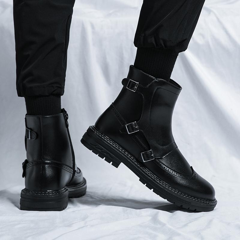 Men's round headed high top leather shoes Fashionable and versatile design styles party activities casual motorcycle men's boots