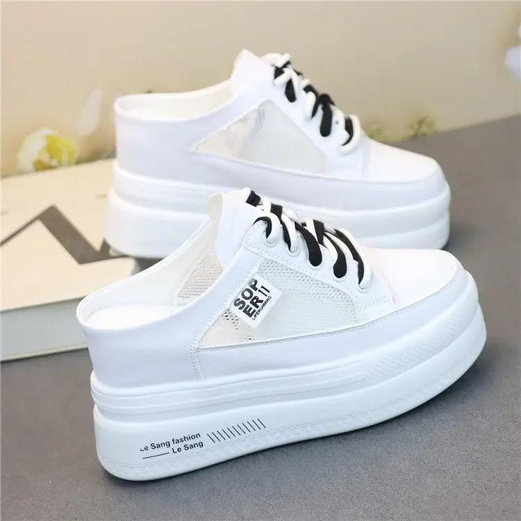 Fashion Summer Thick-soled Inner Heightening Half-drag Canvas Shoes Women's Muffin  A Pedal Lazy Shoes Women Casual Breathable Slippers