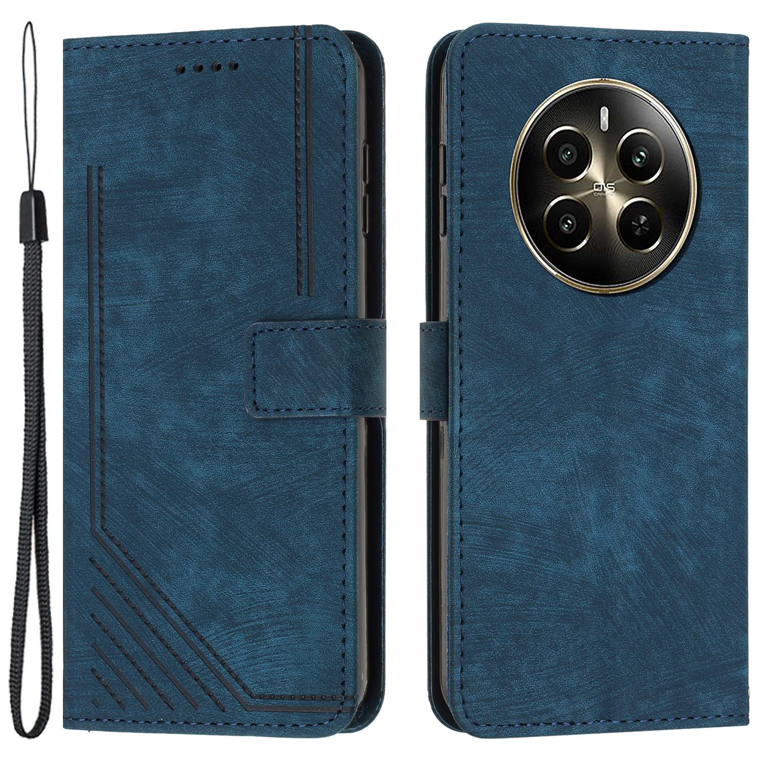 

For Realme 12 Pro 5G/12 Pro+ 5G Wallet Case Lines Imprinted Card Holder Phone Cover Sapphire