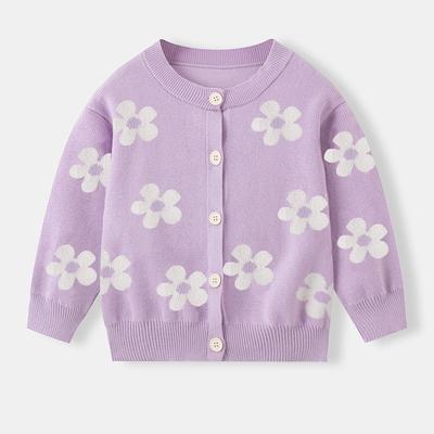 New Spring and Autumn Children's Cotton Thin Flower Sweater Coat for Girls and Baby with Round Neck Long Sleeve Knitted Cardigan