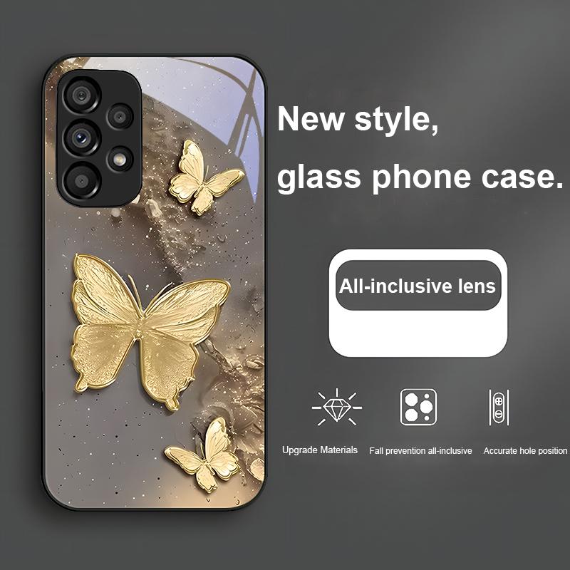 Golden Butterfly Pink For Samsung Galaxy S23 U Ltra 24 Plus S20 21 FE S25 Ultra A70 A72 73 51 52 53 Tempered Glass Phone Case