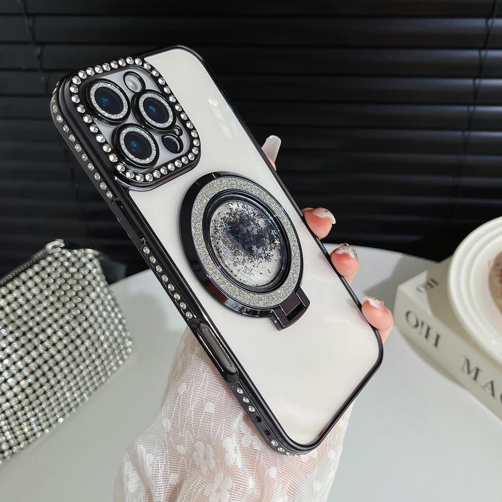 Pouzdro na telefon s třpytivým diamantovým chráničem objektivu fotoaparátu s pokovením Quicksand a stojánkem pro iPhone 17 16 Pro Max Samsung S25 S24 Průhledný ochranný kryt