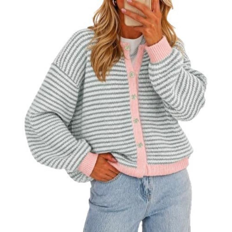 Women S Color Block Striped Crew Neck Button Up Loose Knit Cardigan