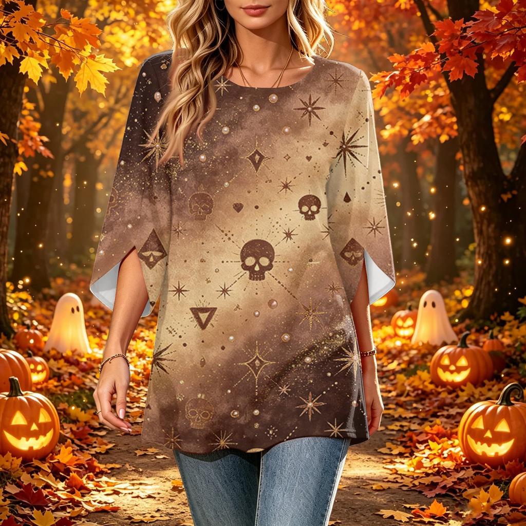Women's Halloween Print Casual Loose Fit Three-Quarter Sleeve Round Neck Top