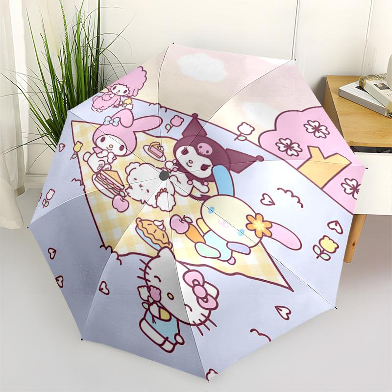 1pc Hello Kitty & Friends Picnic with Cherry Blossom Print - Automatic Opening Umbrella, Portable Folding Design, 8-Bone Iron Frame Outdoor Umbrella,