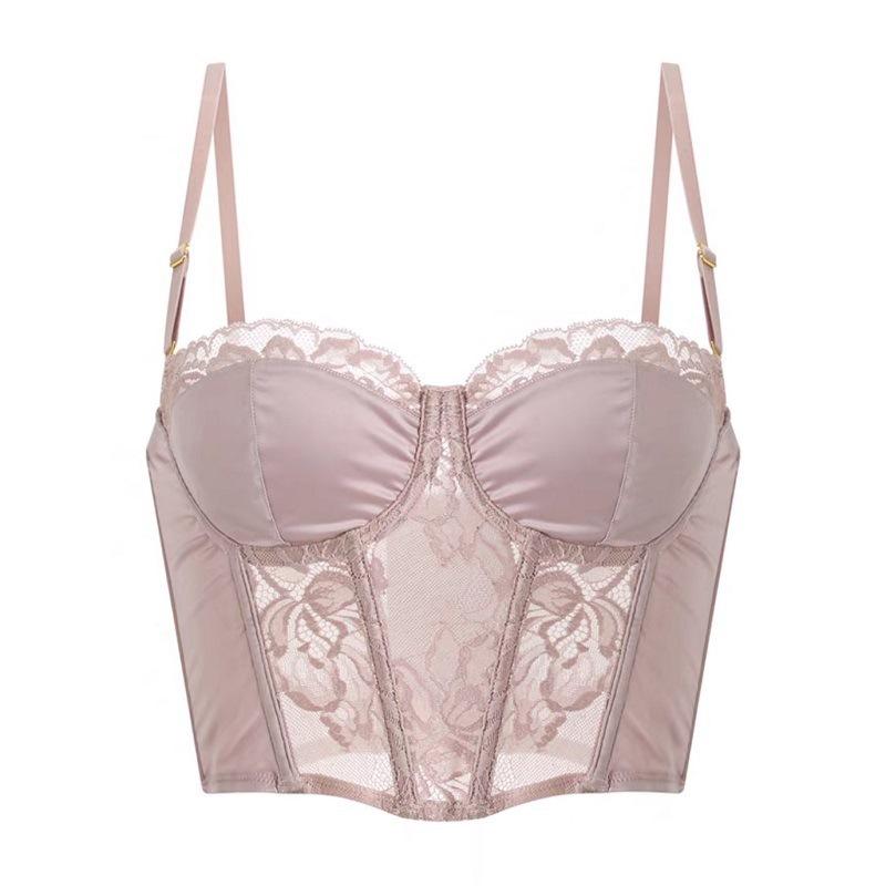 

Французский жилет бюстгальтер женский маленькая грудь собирает глянцевый кружевной край сексуальное нижнее белье косточки для формирования фигуры длинный бюстгальтер-топ XL