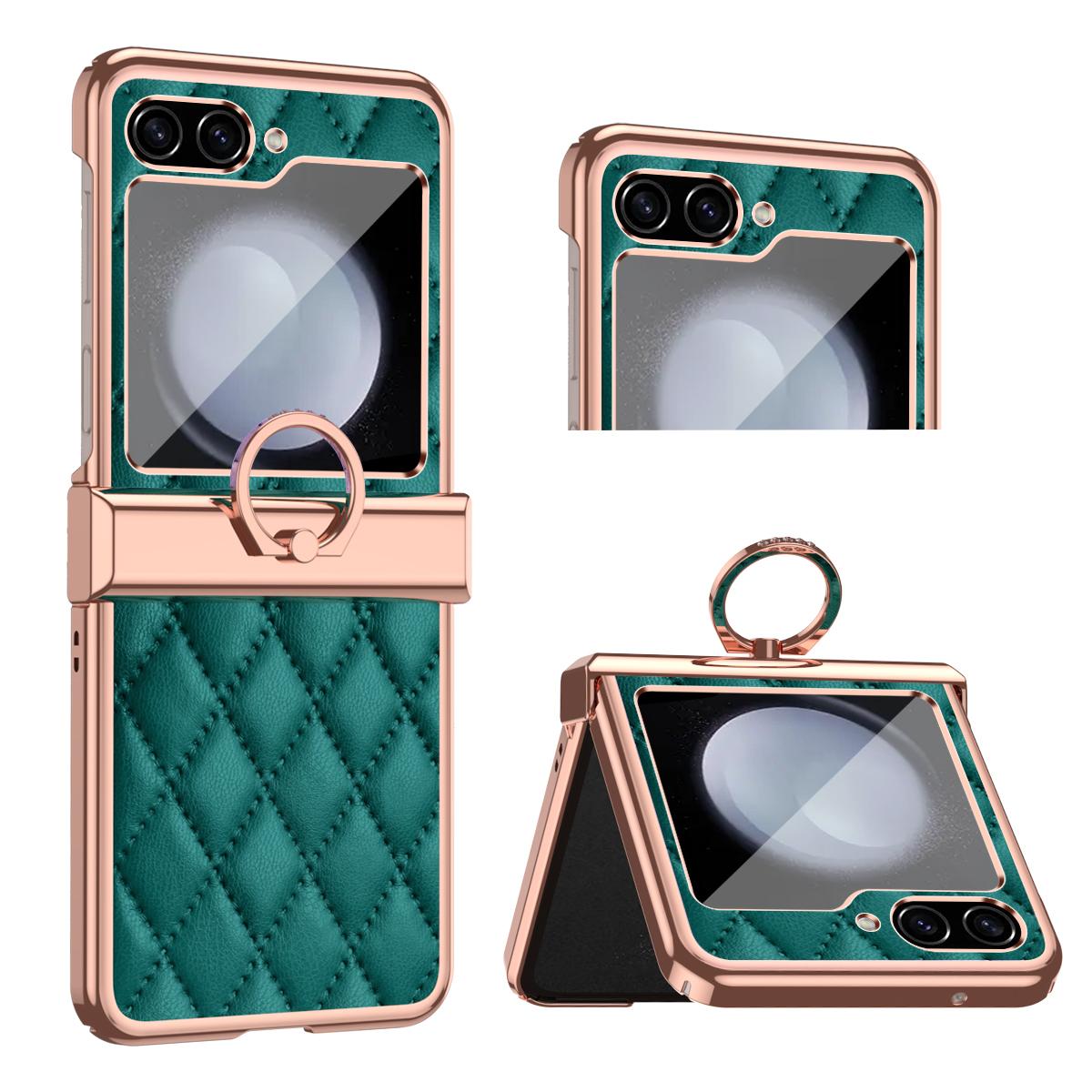 

Stitching Line Imprinted Phone Case for Samsung Galaxy Z Flip5 5G PU+PC Kickstand Electroplating Phone Cover Green