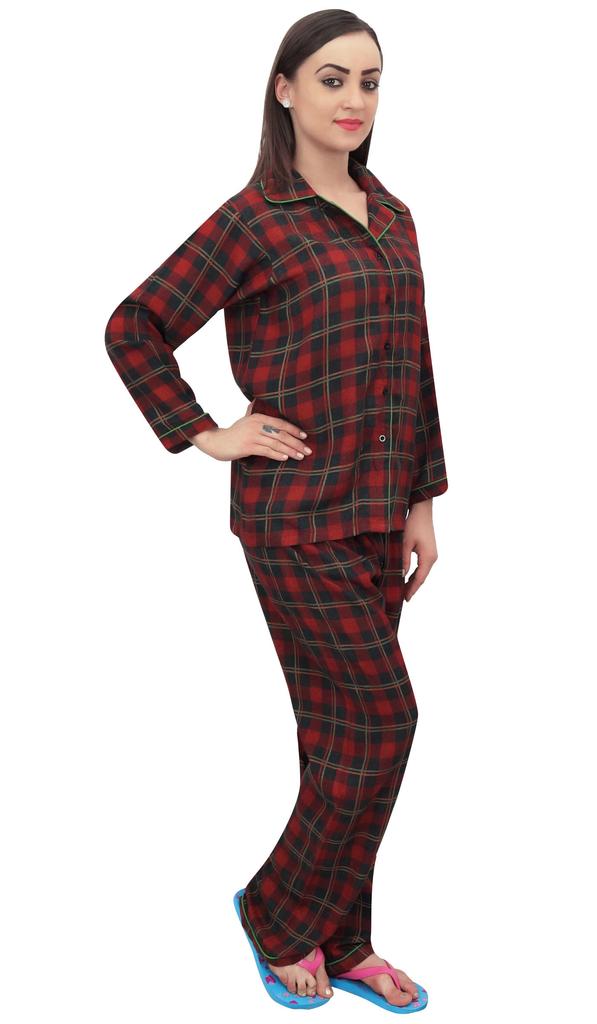 Bimba Women Check Print Pajama Pant Set With Full Sleeve Shirt Nightwer Suit -
