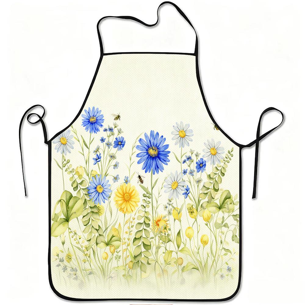 1pc Blue And Yellow Wildflower And Bee Print Apron, Durable And Easy To Clean, Adjustable Waistband, Polyester Material, for Kitchen Cooking, Gardenin