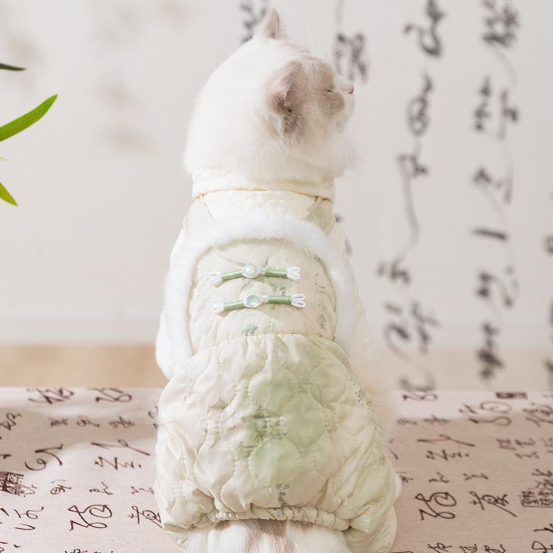 Ink and wash Jiangnan new Chinese overalls four-legged cotton-padded dog New Year cat autumn and winter warm pet cat clothes