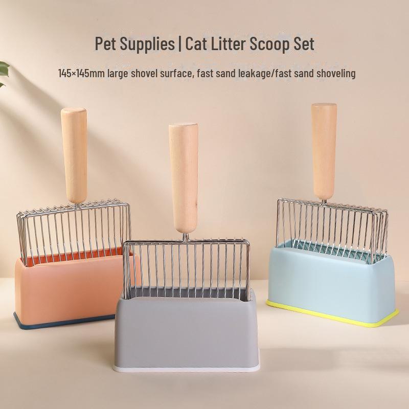 Metal Cat Litter Scoop Set with Large Wooden Handle and Candy Color Base