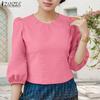 ZANZEA Women Casual Round Neck Solid Color 3/4 Sleeve Blouse