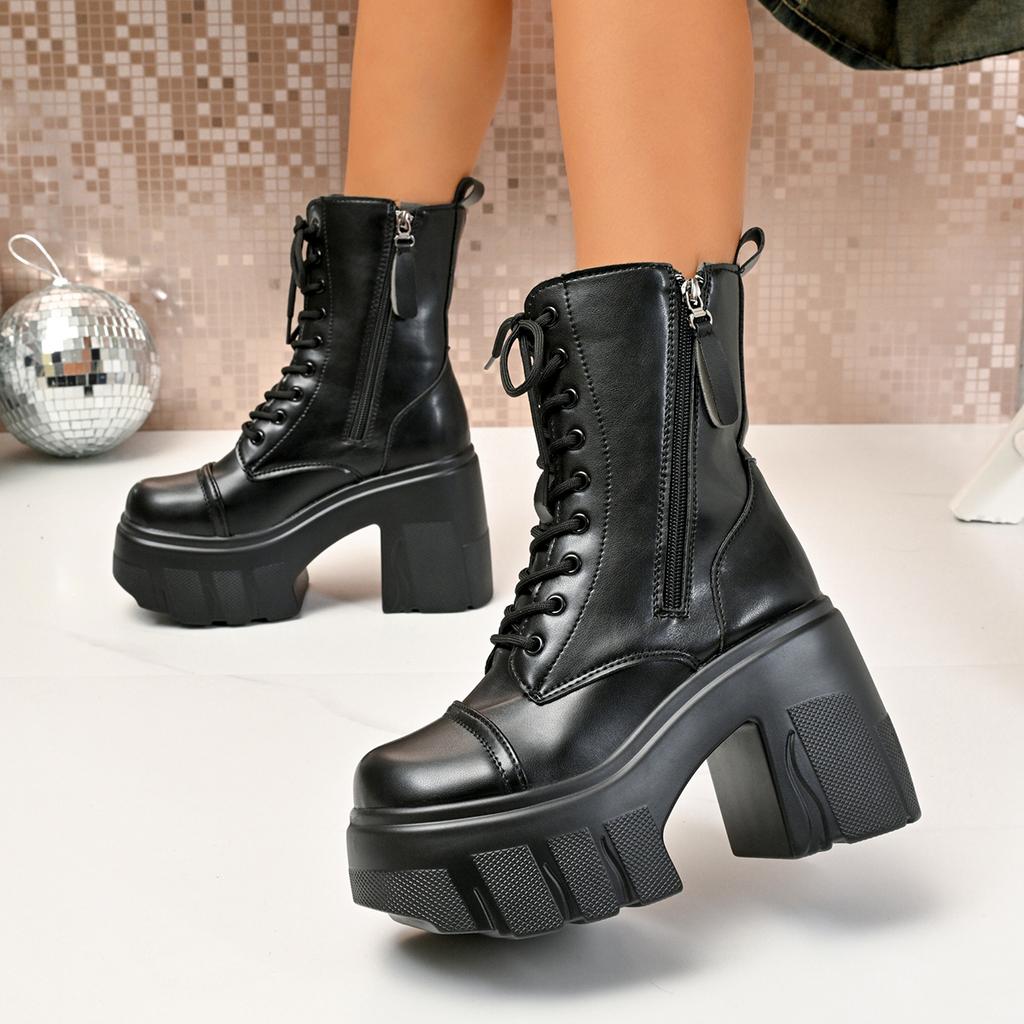 Woman Personality British Style Thick Sole Boots Lace Up Platform Booties Women Leather PU Chunky Heel Winter Punk Goth Shoes