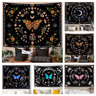 Tapiserie ve fázi měsíce Nástěnný závěs motýl květina Boho květinová rostlina Botanické tapiserie Okno Vintage koberce do obývacího pokoje