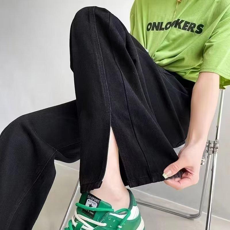 Black split-ended high-waisted wide-leg jeans New spring and autumn design sense niche loose and thin floor pants