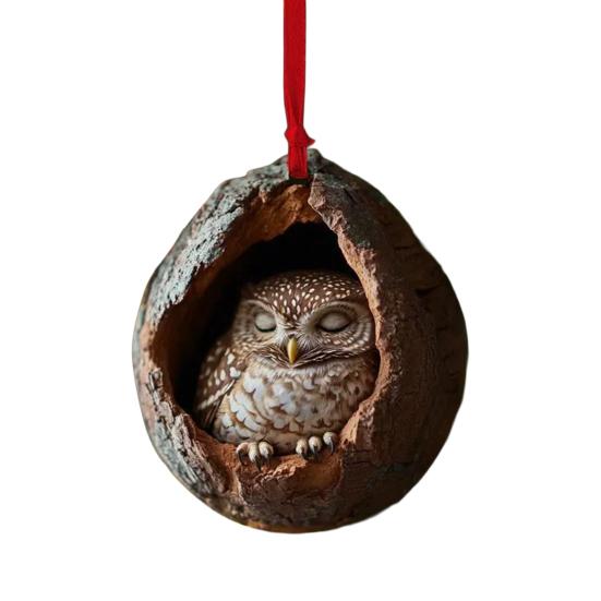Owl Raccoon Christmas Ornament 2D Printed Acrylic Hanging Decor for Tree Festive Animal Tree Pendant
