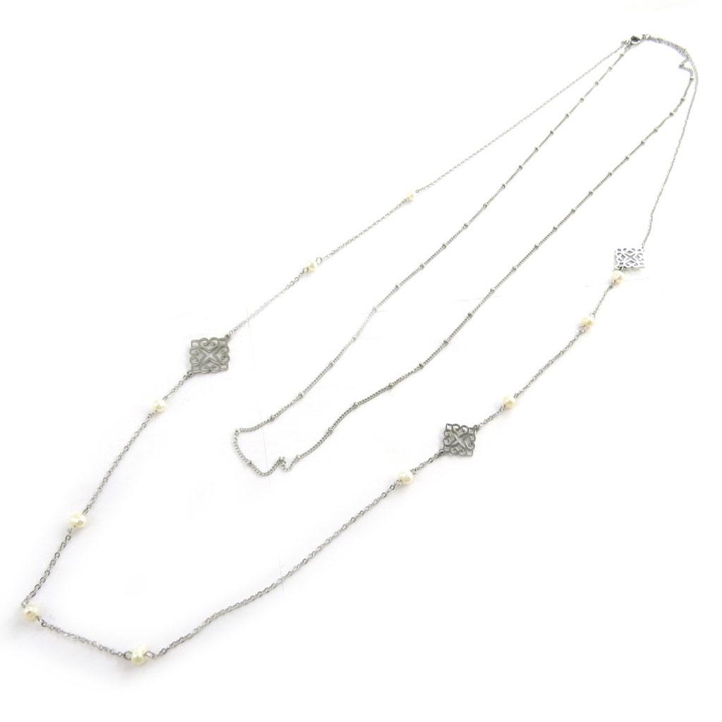 Les Trésors De Lily [M8831] - Collier sautoir acier 'Carmen' ivoire argenté - 90 cm (2 rangs)