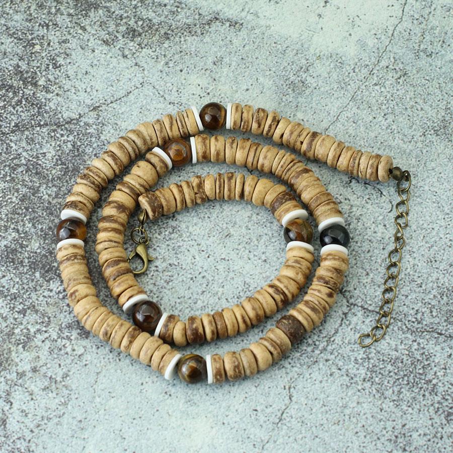 Módní pánský náhrdelník Přírodní kokosová skořápka Dřevěný límec 19 palců Choker Colar Tygří oko Howlitový kámen Collana Dárek pro něj