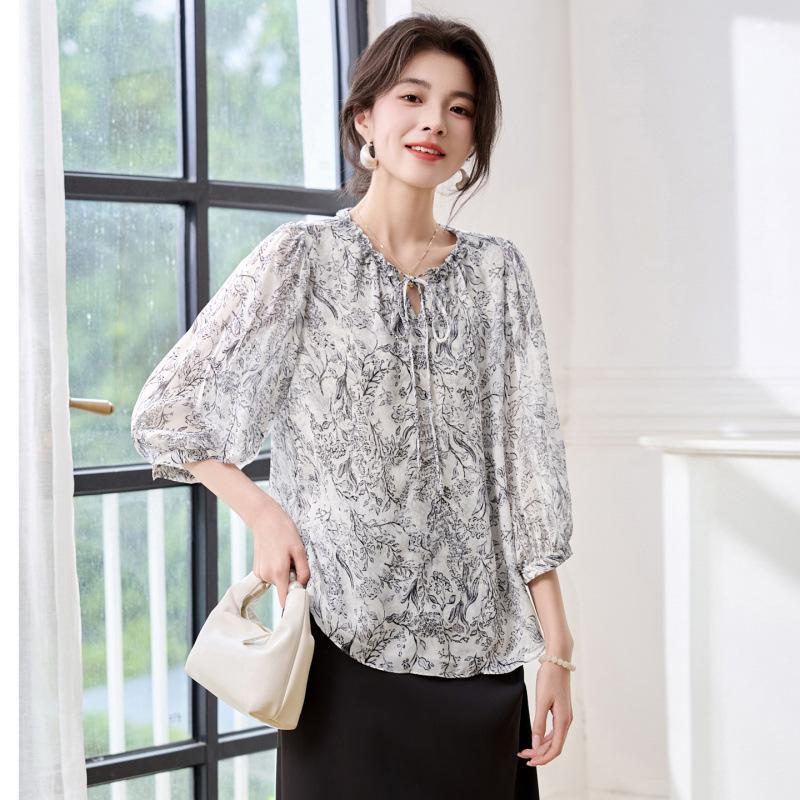 

Женская шелковая рубашка с рукавами три четверти, модная свободная рубашка из шелка-тутового шелкопряда с эффектом деграде, топ 3XL синий