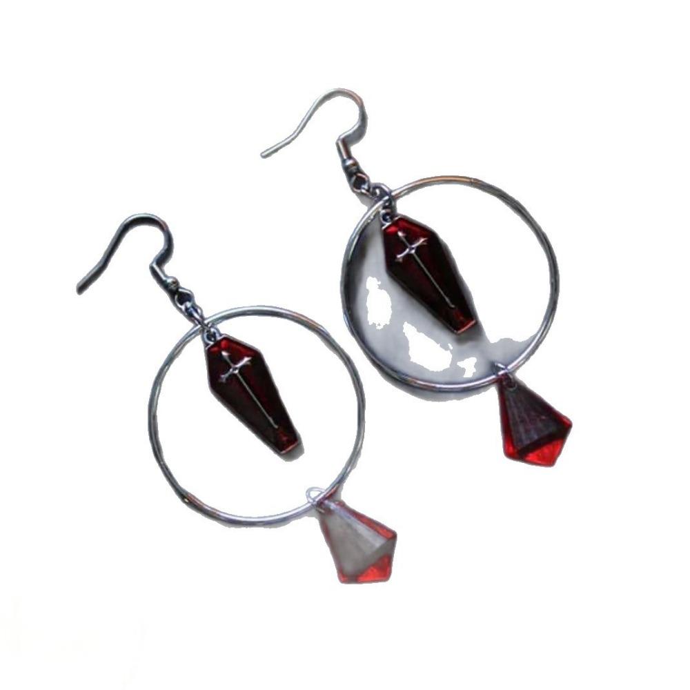 Mystic Goth Red Coffin Cross Water Drop Red Crystal Circular Dangle Earrings for Women Men Hallowmas Party Aesthetic Jewelry