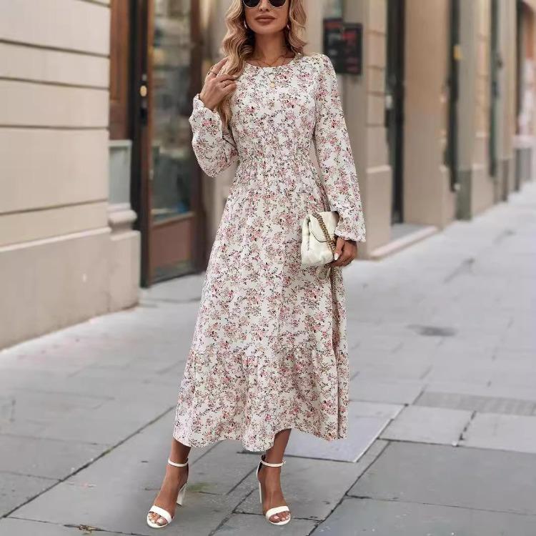 Women Summer Casual Floral Print Long Sleeve O-Neck A-Line Dress High Waist Elastic Loose Ankle-Length Spring Dresses