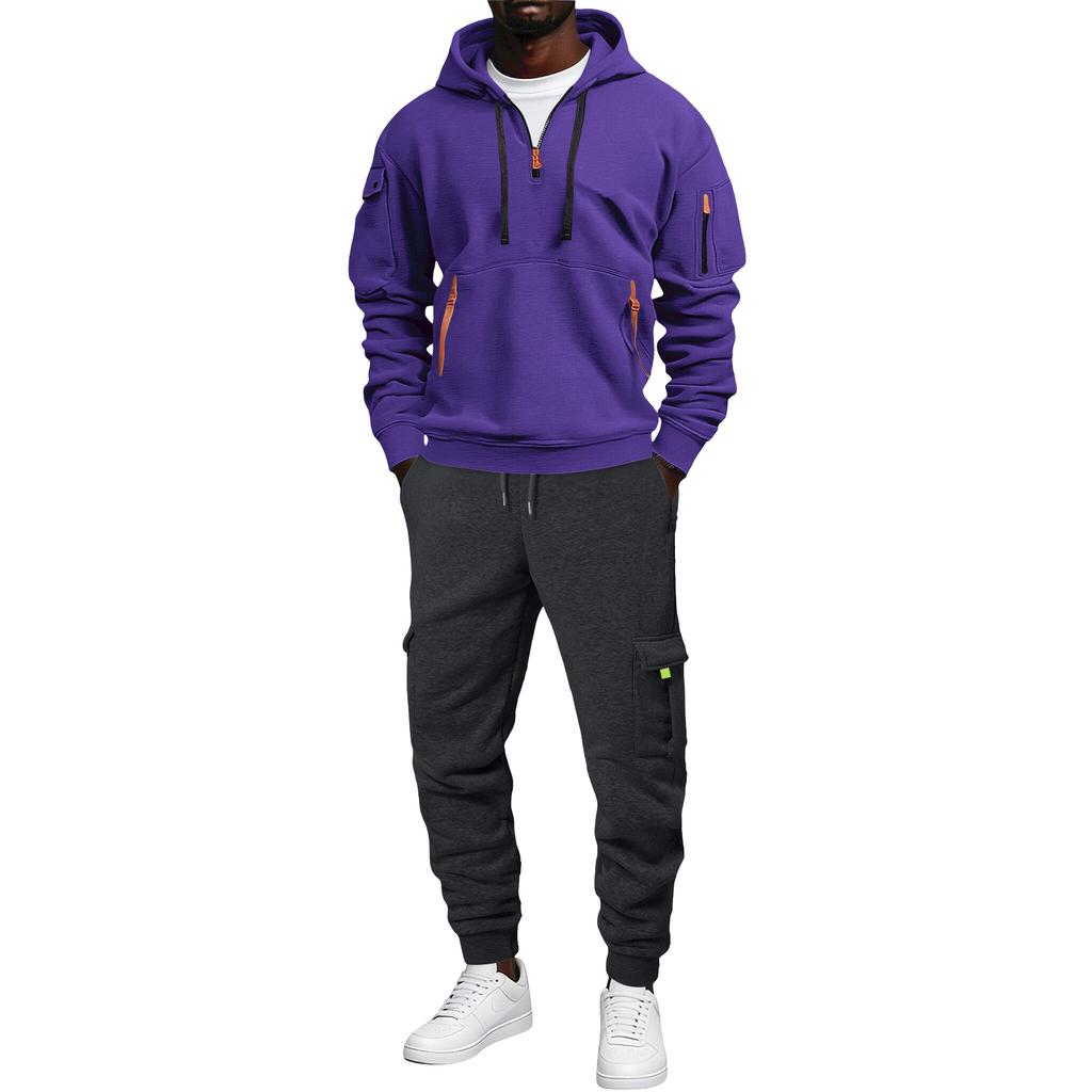 Men's Loose Fit Color Hoodie and Cargo Pants Set with Pockets for Sports and Casual Wear