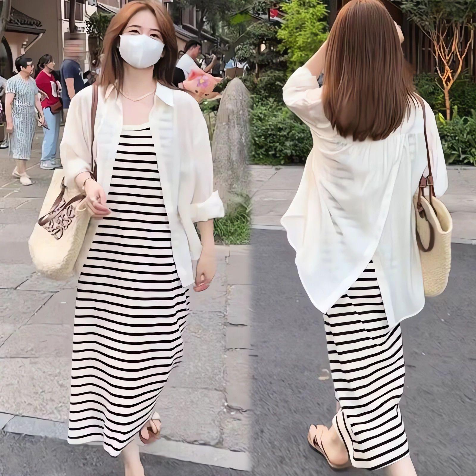 

Korean Style Sleeveless Summer Camisole Dress & Loose Sun Protection Shirt Two-Piece Set M (45-52 kg)