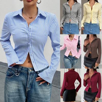 Women's Blue White Striped Button Down Shirt Long Sleeve Bell Sleeve Crop Top Casual Blouse