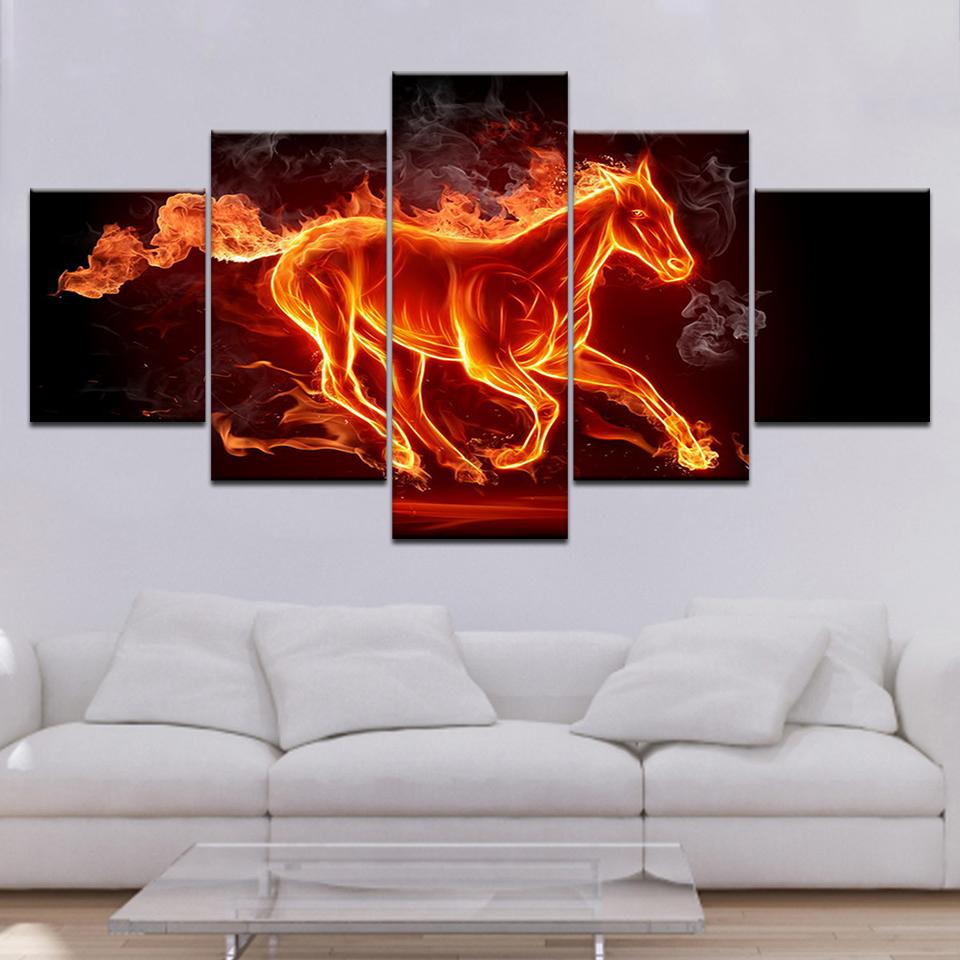 HD Prints 5 Pieces Abstract Fire Horse Wall Art Canvas Paintings Home Decor Flame Animal Posters Living Room