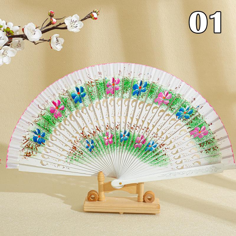 Folding Fan Wood Spanish Fan for Dancing Printing Hand Folding Fan Performances Prop Home Decor Ornaments Craft Gifts for Guest