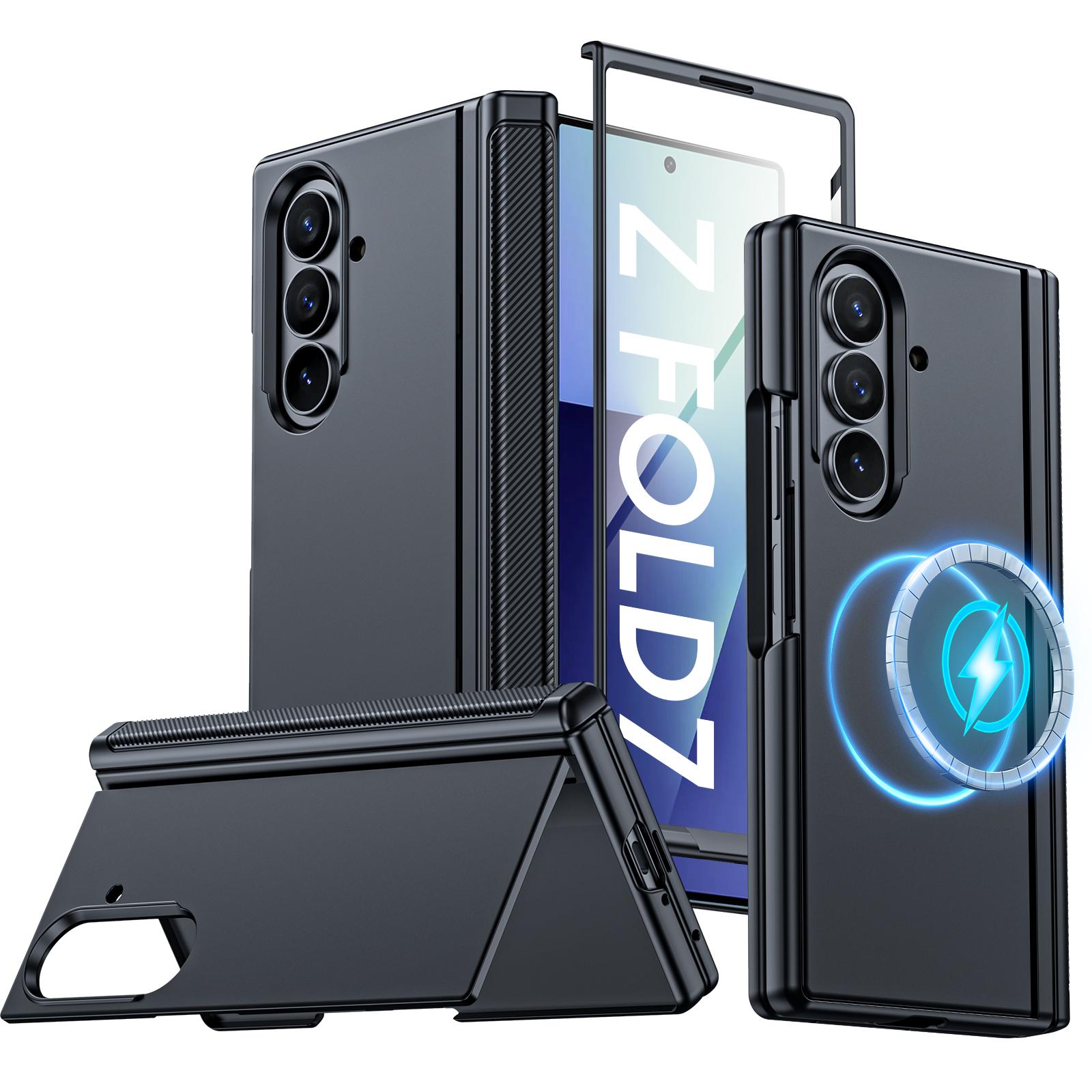 Для Samsung Galaxy Z Fold 7 с магнитной зарядкой [Скрытая подставка][Защитное стекло][Защита шарнира] Тонкий ударопрочный защитный чехол для телефона-Черный