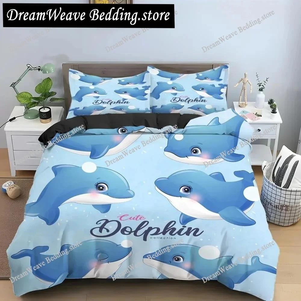 Bule Dolphin Whale King Queen Duvet Cover Underwater World Bedding Set Cartoon Sea Animal Comforter Cover Polyester Quilt Cover